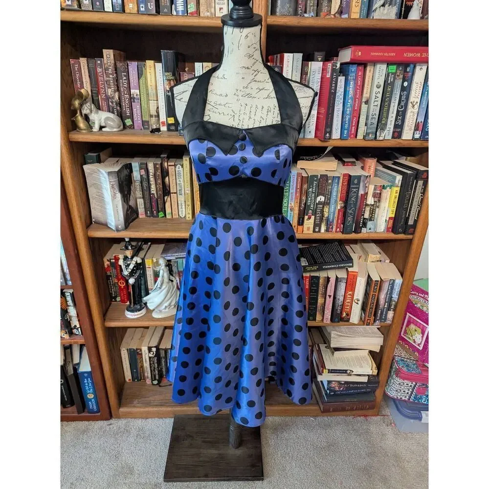 hell bunny blue polka dot dress Hell Bunny Retro Vintage Style Polka Dot Square Neck Fit and Flare Party Dress